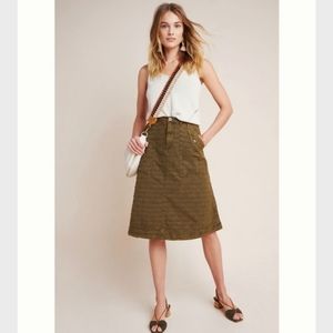 NEW Anthropologie Sz 8 Army Green Textured Cotton‎ A-line Midi Skirt Pockets